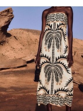 NWT H&M Strapless Palm-Print Midi Dress in Cream and Black Plus Size XXL